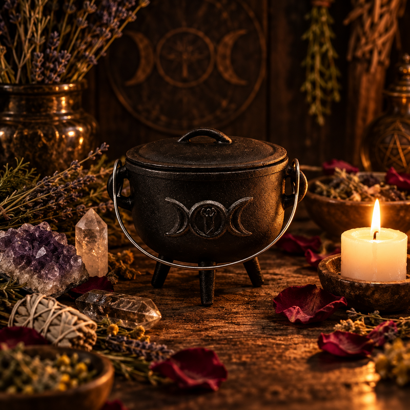 A black cast iron cauldron with a triple moon symbol on the lid, styled on a rustic wooden surface with dried lavender, crystals, a lit candle, and other mystical props.