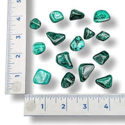 Green Malachite stones on a white surface with a ruler for scale.