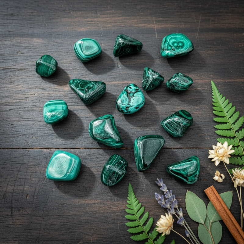 Malachite tumbled on a wooden table with a herbal accent