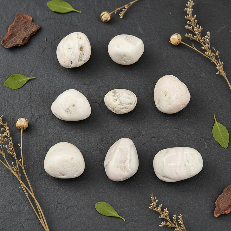 Nine smooth, polished white stones arranged on a dark textured slate surface, accented with dried botanical sprigs and small green leaves.