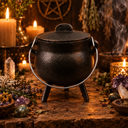 A black cast-iron cauldron with a lid and metal handle, styled on a rustic wooden surface with lit candles, crystals, dried herbs, and smoky atmospheric effects.