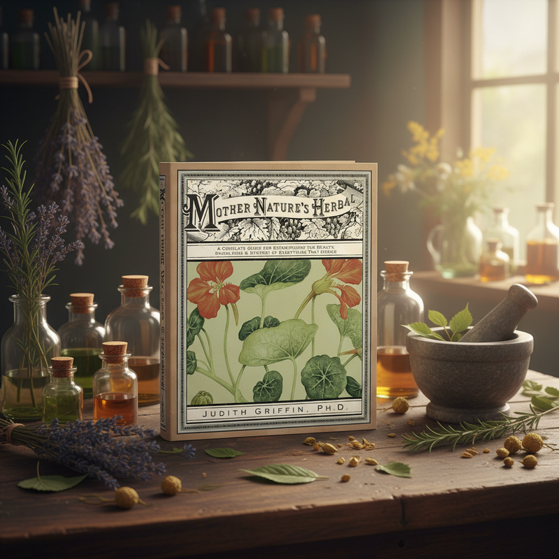 Book titled 'Mother Nature's Herbal' by Judith Griffin, PH.D., surrounded by herbs and bottles on a wooden table.