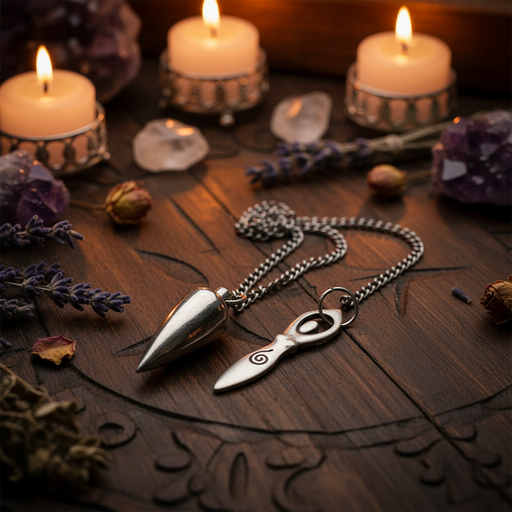 A silver-toned metal pendulum with a pointed conical weight and a small circular charm, displayed on a dark wooden surface with candles, crystals, dried lavender, and dried flowers.