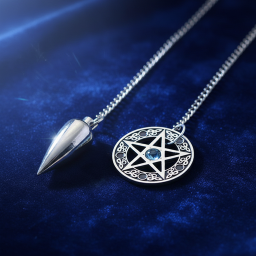 A silver-toned metal pendulum featuring a circular pentagram pendant with a small blue gemstone and a conical spinning top, displayed on a deep blue velvet background.