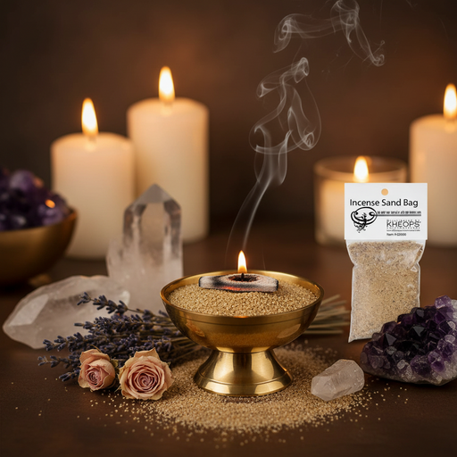 Incense sand bag with Kheops branding on a table in a spiritual setting