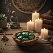 Candles, a bowl of green stones, and a Buddha statue on a wooden surface with a dreamcatcher in the background.
