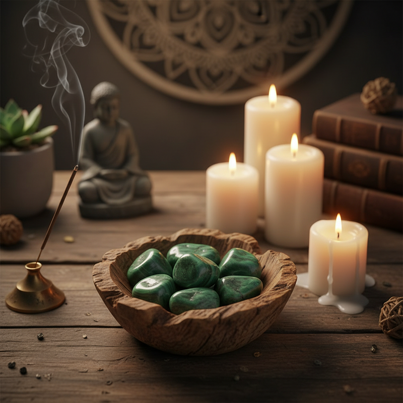 Candles, a bowl of green stones, and a Buddha statue on a wooden surface with a dreamcatcher in the background.