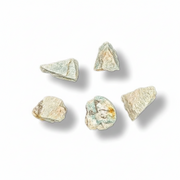 Five small rough mineral or stone pieces in pale green, beige, and off-white tones arranged on a white background with soft drop shadows.