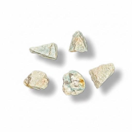 Five small rough mineral or stone pieces in pale green, beige, and off-white tones arranged on a white background with soft drop shadows.