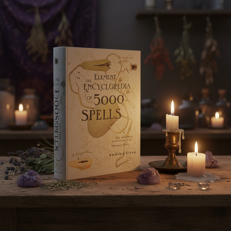 Book titled 'Encyclopedia of 5000 Spells' on a table with candles and crystals in a mystical setting.