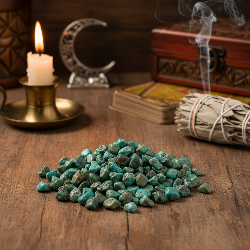 Emerald stones on a wooden surface with a candle, books, and smoldering sage in the background.