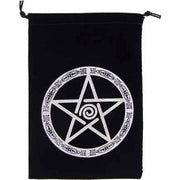 Black drawstring bag with a white pentagram design on a white background