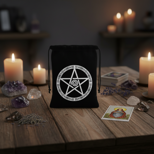 Black drawstring bag with pentagram design on a wooden table with candles and crystals.