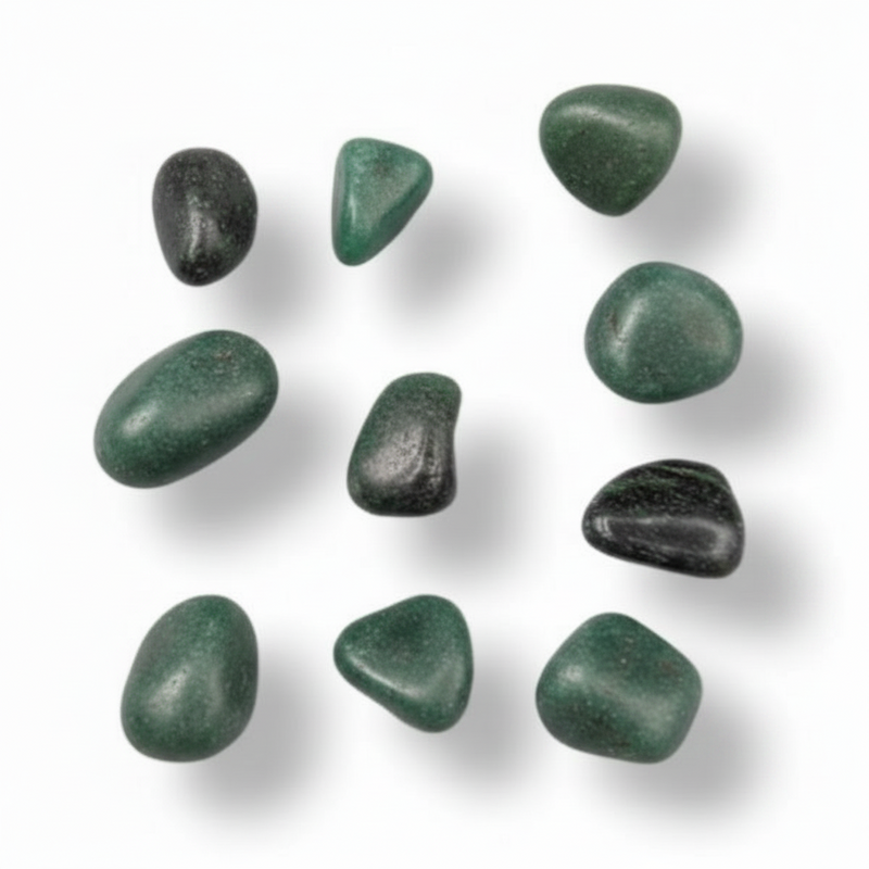 Green stones on a white background.