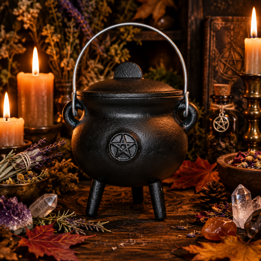 A black cast iron cauldron with a triple leg base, a metal handle, and a raised pentagram symbol on the front, styled on a wooden surface with candles, dried leaves, crystals, and autumn foliage.