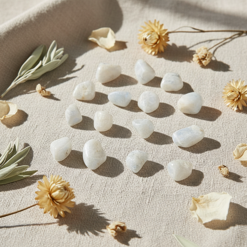 A set of small white tumbled stones arranged on a beige fabric surface with dried flowers and leaves as styling props in warm natural light.
