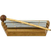 Wooden chimes with metal bars and a wooden mallet on a white background