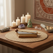 A wooden table with candles, a crystal, a small statue, and other items in a serene setting.