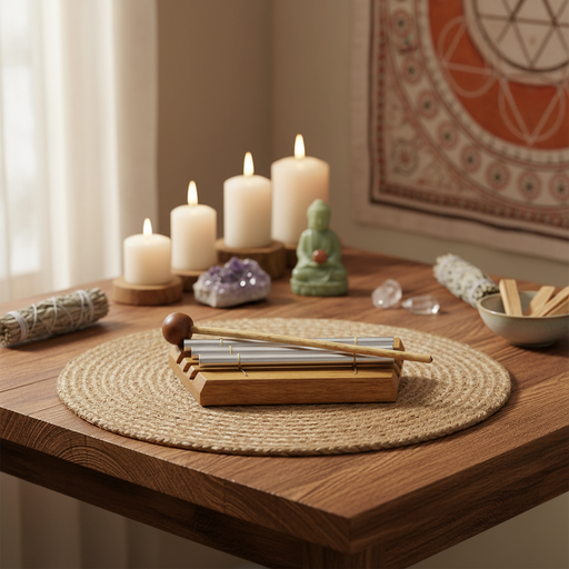 A wooden table with candles, a crystal, a small statue, and other items in a serene setting.