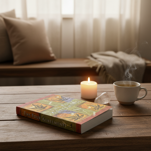 Book titled 'The Four Agreements' with a lit candle and steaming cup on a wooden table, cozy indoor setting.