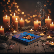 Book titled 'Witch Magic' surrounded by candles and mystical objects on a wooden surface with a bokeh background.