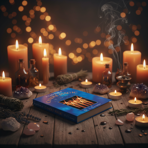 Book titled 'Witch Magic' surrounded by candles and mystical objects on a wooden surface with a bokeh background.