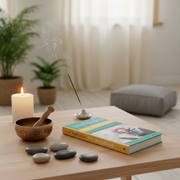 Meditation setup with a book, stones, incense, and candle on a table in a room.