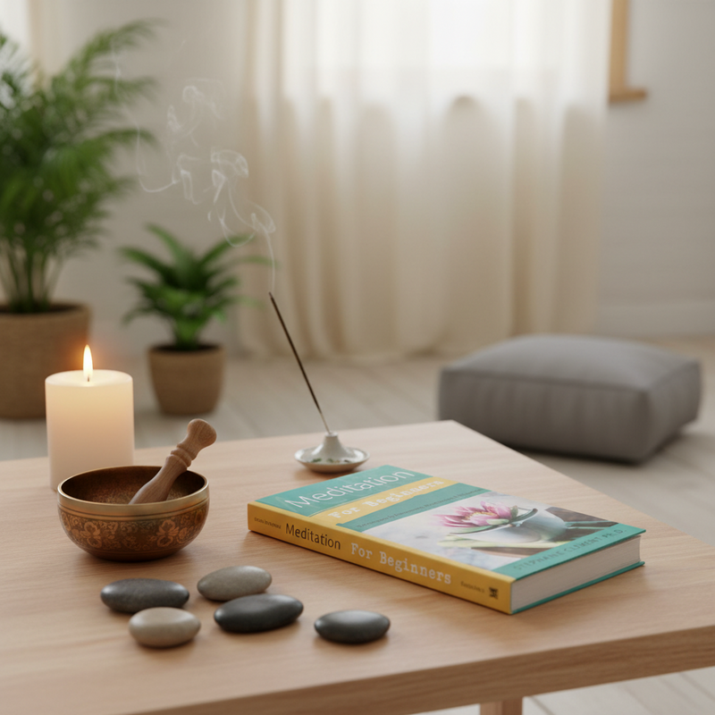 Meditation setup with a book, stones, incense, and candle on a table in a room.