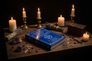 Blue book titled 'Book of Shadows' surrounded by candles and herbs on a wooden surface.