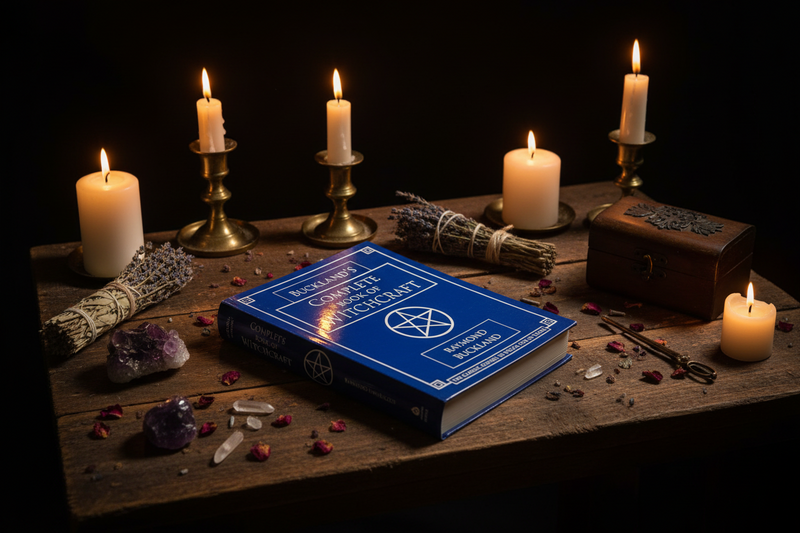 Blue book titled 'Book of Shadows' surrounded by candles and herbs on a wooden surface.
