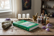 Book titled 'Encyclopedia of Magical Herbs' on a wooden table with herbs, candles, and crystals.