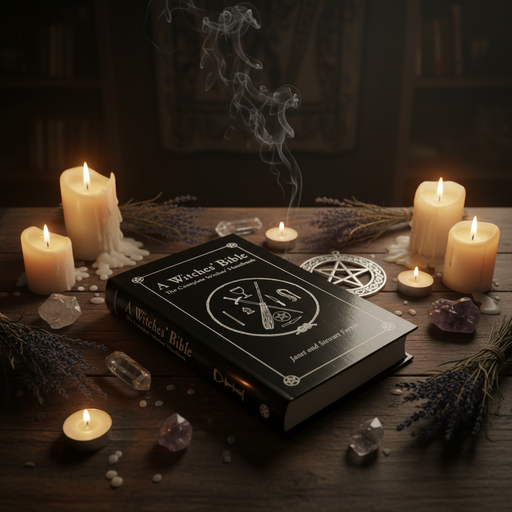 Book titled 'A Wiccan Bible' surrounded by candles and crystals on a wooden surface.
