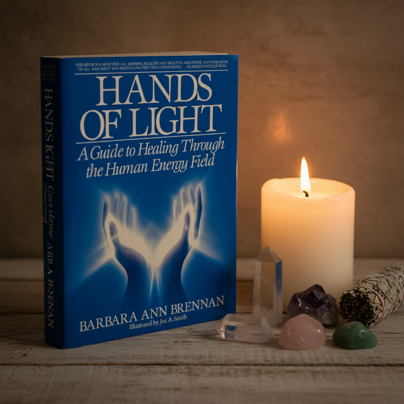 Book titled 'Hands of Light' by Barbara Ann Brennan with a candle and crystals on a wooden surface.