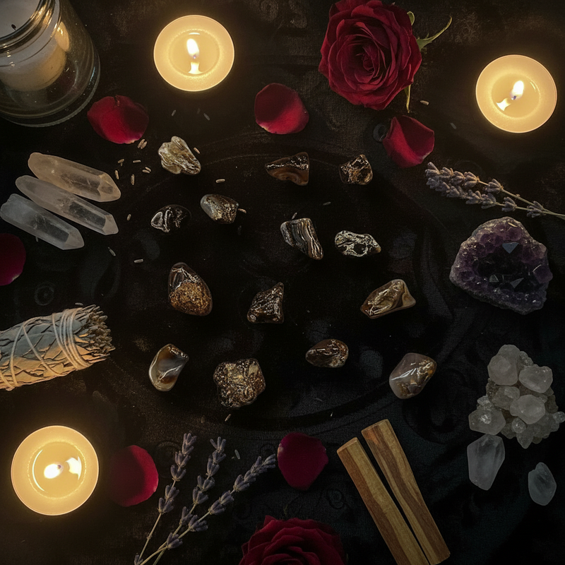 A dark, moody flat-lay arrangement featuring a collection of raw crystals, polished stones, a white sage smudge bundle, dried lavender sprigs, red rose petals, and two red roses on a black cloth, surrounded by glowing lit candles.