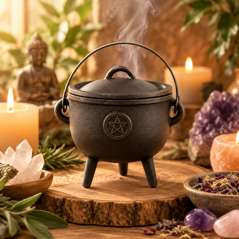 A black cast iron cauldron with a lid, triple legs, and a top handle, shown steaming on a wooden slice surrounded by candles, crystals, herbs, and a small Buddha statue.