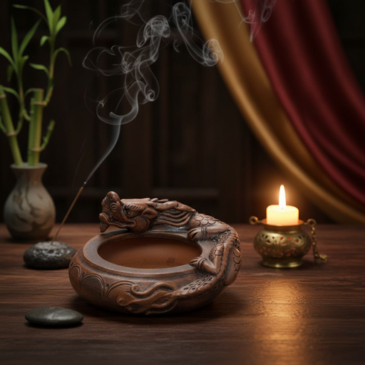 Decorative incense burner with smoking sticks, a candle, and a bamboo plant on a wooden surface.