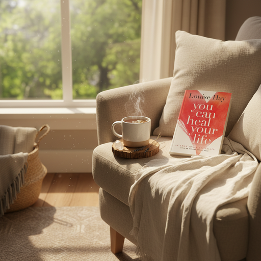 Cozy living room with a cup of coffee and a book on a couch
