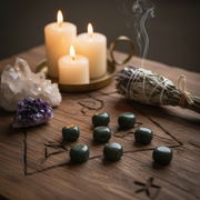 A styled tabletop scene with lit white candles in a brass holder, a smudge bundle with smoke rising, crystals, a purple amethyst cluster, and several dark green polished stones arranged on a wooden surface with engraved symbols.
