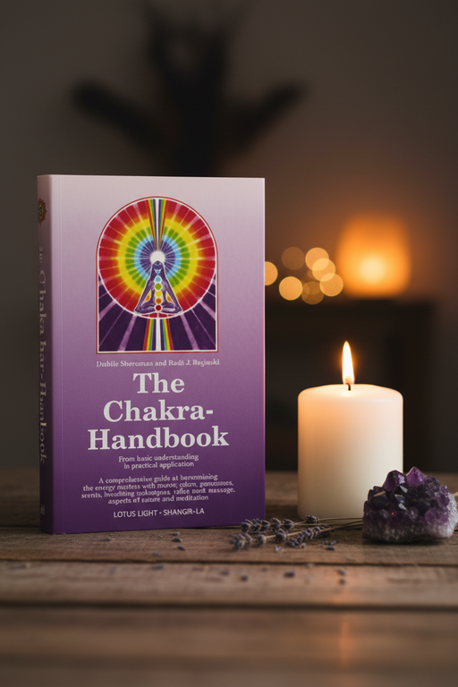 Book titled 'The Chakra Handbook' with a candle and crystal on a wooden surface.