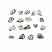 A set of small polished tumbled stones arranged in rows on a plain white background. The stones are mostly translucent white to clear with black and gray marbling and some beige/tan areas.