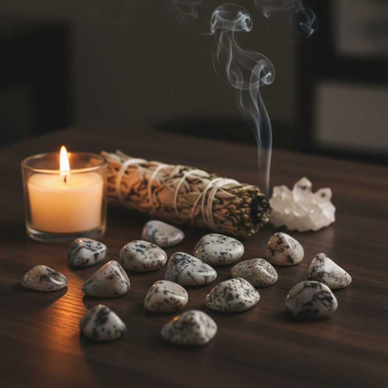A lit candle in a glass holder, a white sage smudge bundle with smoke rising, a cluster of clear crystals, and several small polished stones arranged on a dark wooden surface.
