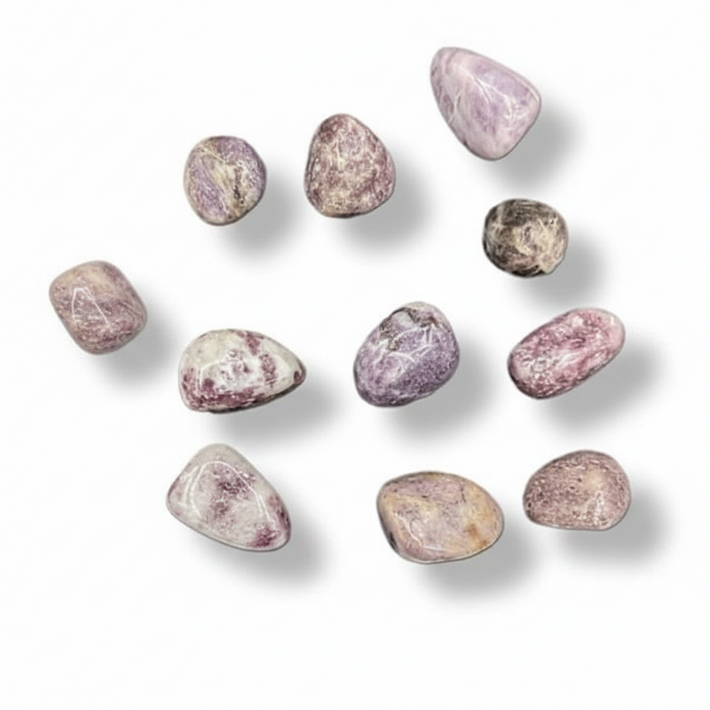 Lepidolite tumbled on a white background
