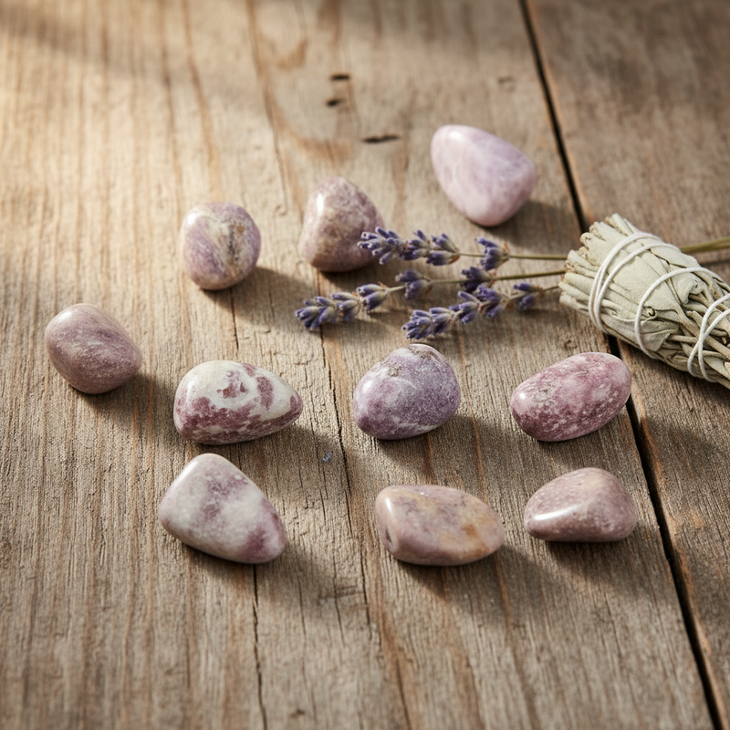 Lepidolite tumbled on a wooden table with herbs and a smudge stick
