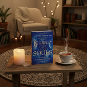 Book titled 'Journey of Souls' by Michael Newton on a table with a lit candle and steaming cup of tea in a cozy room.