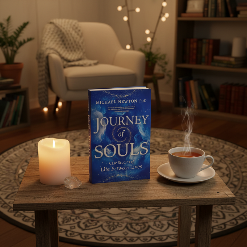 Book titled 'Journey of Souls' by Michael Newton on a table with a lit candle and steaming cup of tea in a cozy room.