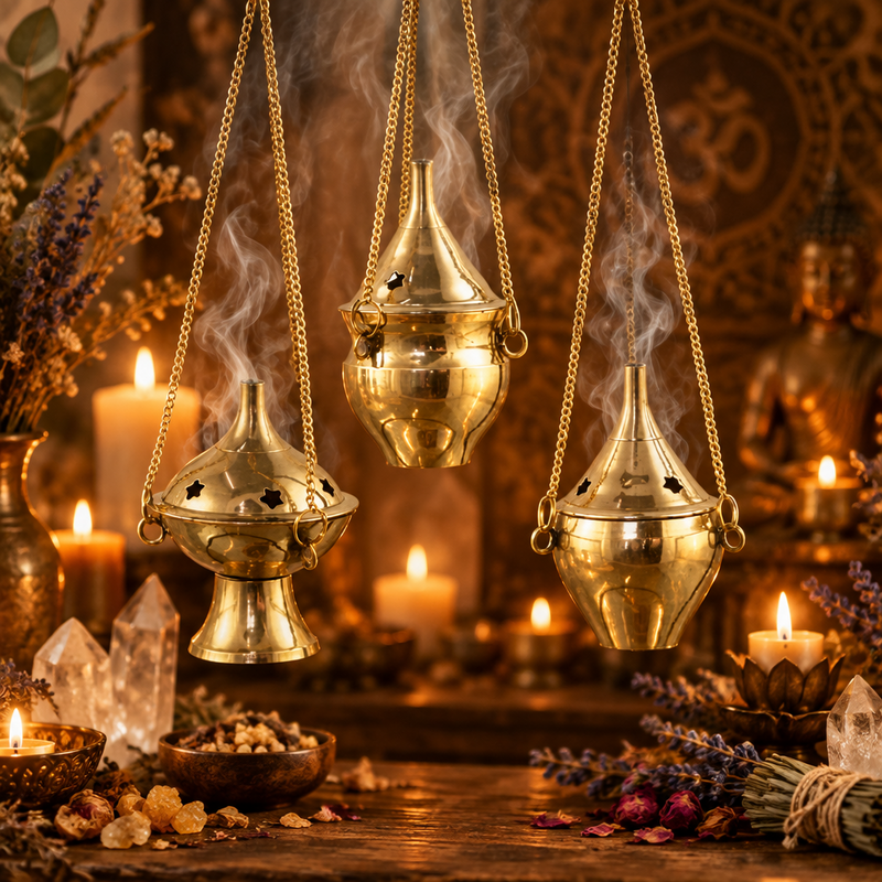 Three brass incense burners hang from chains in a warm, atmospheric setting with lit candles, dried flowers, crystals, and a Buddha statue in the background.