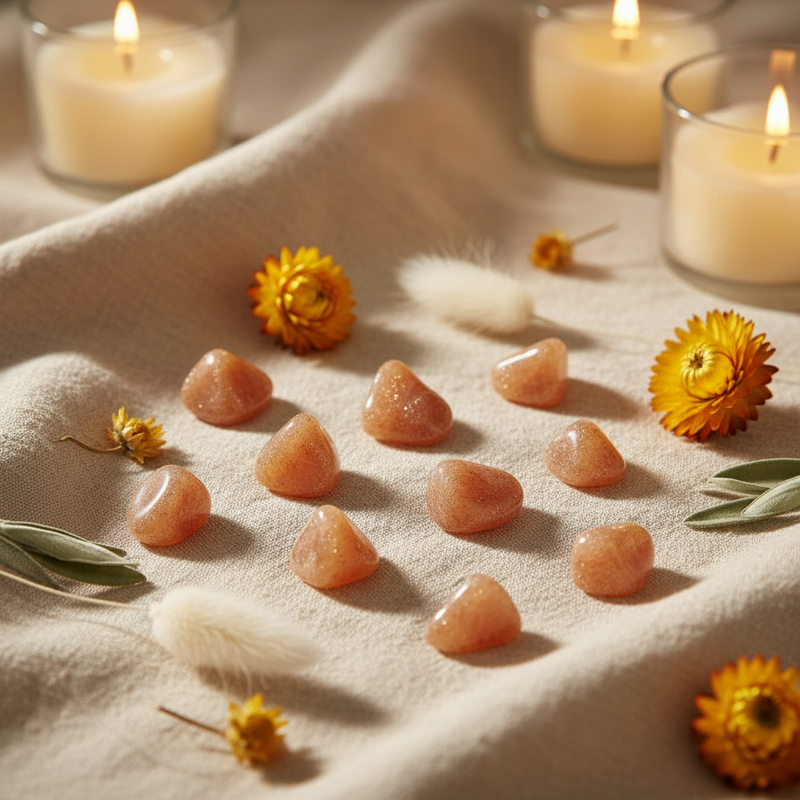 A styled flat-lay of ten peach-colored crystal points arranged on a beige fabric runner, surrounded by yellow dried flowers, white feathers, and glowing candles in glass holders.