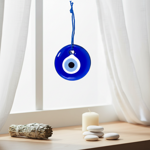 A blue glass evil eye hanging ornament suspended by a blue string, displayed on a wooden windowsill with white sheer curtains, a sage bundle, and white candles.