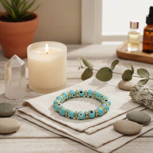A turquoise and gold beaded bracelet with evil eye details rests on a folded beige linen cloth on a rustic wooden table, surrounded by spa props including a lit candle, stones, a crystal, and a eucalyptus sprig.