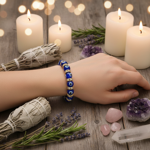Hand wearing a blue beaded bracelet with candles, lavender, and crystals on a wooden surface.